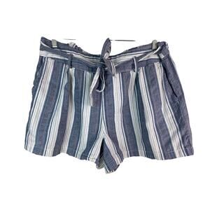 Olive & Oak Women's L Blue White Striped Belted Cotton High Rise Paperbag Shorts